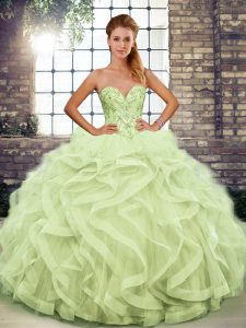 New Arrival Yellow Green Sleeveless Floor Length Beading and Ruffles Lace Up Vestidos de Quinceanera