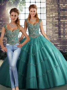 Enchanting Tulle Straps Sleeveless Lace Up Beading and Appliques Quinceanera Gown in Teal