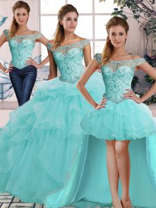 Luxury Aqua Blue Sleeveless Tulle Lace Up Quinceanera Gown for Military Ball and Sweet 16 and Quinceanera