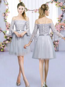 Empire Court Dresses for Sweet 16 Grey Off The Shoulder Tulle 3 4 Length Sleeve Mini Length Lace Up