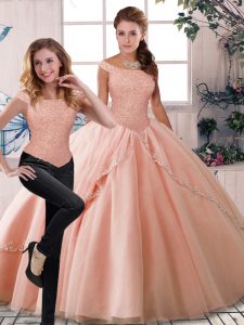 Off The Shoulder Sleeveless Quinceanera Dresses Brush Train Beading Peach Tulle