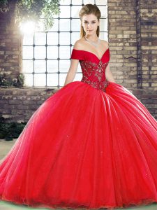Clearance Organza Off The Shoulder Sleeveless Brush Train Lace Up Beading Quince Ball Gowns in Red