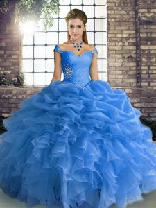 Decent Blue Lace Up Off The Shoulder Beading and Ruffles and Pick Ups Quinceanera Dress Organza Sleeveless