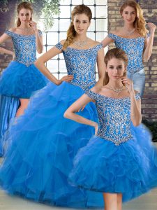 Noble Blue Ball Gowns Off The Shoulder Sleeveless Tulle Brush Train Lace Up Beading and Ruffles 15th Birthday Dress