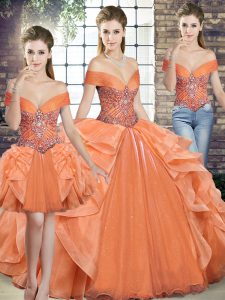 Off The Shoulder Sleeveless Lace Up 15 Quinceanera Dress Orange Organza