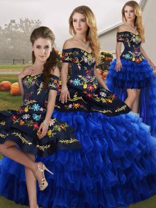 Blue And Black Quinceanera Gowns Military Ball and Sweet 16 and Quinceanera with Embroidery and Ruffled Layers Off The Shoulder Sleeveless Lace Up