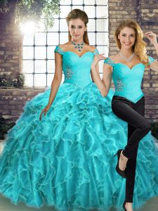 Brush Train Two Pieces Sweet 16 Dresses Aqua Blue Off The Shoulder Organza Sleeveless Lace Up
