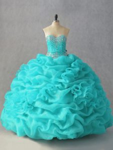 Latest Floor Length Lace Up Quinceanera Dresses Aqua Blue for Sweet 16 and Quinceanera with Beading and Pick Ups and Hand Made Flower