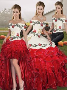 White And Red Organza Lace Up Off The Shoulder Sleeveless Floor Length Vestidos de Quinceanera Embroidery and Ruffles