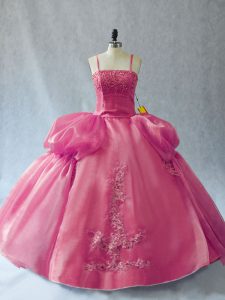 Fabulous Pink Ball Gowns Organza Straps Sleeveless Appliques Floor Length Lace Up 15 Quinceanera Dress