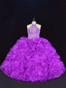 Floor Length Purple Vestidos de Quinceanera Halter Top Sleeveless Lace Up