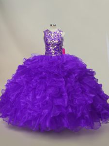 Sophisticated Sleeveless Organza Floor Length Lace Up Sweet 16 Quinceanera Dress in Purple with Ruffles and Sequins