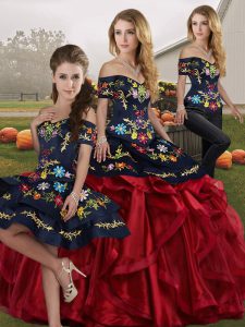 Most Popular Red And Black Three Pieces Off The Shoulder Sleeveless Organza Floor Length Lace Up Embroidery and Ruffles Sweet 16 Dresses