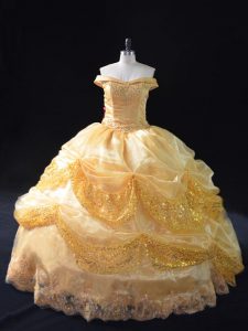 Modest Gold Off The Shoulder Neckline Beading and Pick Ups Sweet 16 Quinceanera Dress Sleeveless Lace Up