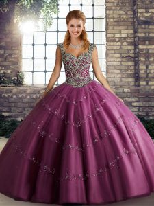 Dazzling Fuchsia Lace Up Straps Beading and Appliques Sweet 16 Dress Tulle Sleeveless