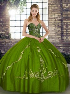 Ball Gowns Sweet 16 Dress Olive Green Sweetheart Tulle Sleeveless Floor Length Lace Up