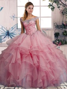 Watermelon Red Ball Gowns Off The Shoulder Sleeveless Organza Floor Length Lace Up Beading and Ruffles Ball Gown Prom Dress