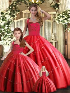 Floor Length Lace Up Ball Gown Prom Dress Red for Military Ball and Sweet 16 and Quinceanera with Appliques