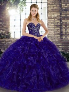 Custom Fit Purple Ball Gowns Beading and Ruffles Quinceanera Dress Lace Up Organza Sleeveless Floor Length