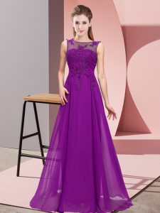 Purple Empire Chiffon Scoop Sleeveless Beading and Appliques Floor Length Zipper Quinceanera Dama Dress