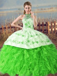 Dynamic Organza Lace Up Halter Top Sleeveless Quinceanera Gown Court Train Embroidery and Ruffles