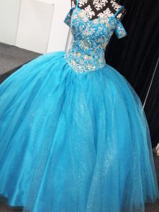 Customized Baby Blue Ball Gowns Straps Sleeveless Tulle Floor Length Lace Up Beading Quinceanera Gowns