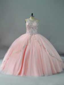 New Arrival Peach Ball Gowns Tulle Scoop Sleeveless Beading Lace Up Sweet 16 Dress