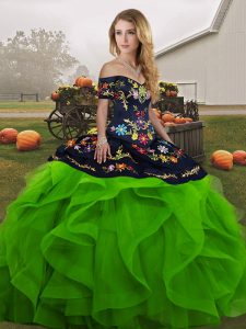 Wonderful Green Sleeveless Floor Length Embroidery and Ruffles Lace Up Quince Ball Gowns