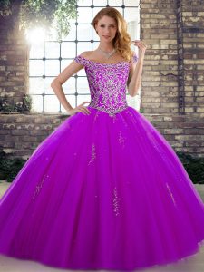 Purple 15th Birthday Dress Military Ball and Sweet 16 and Quinceanera with Beading Off The Shoulder Sleeveless Lace Up
