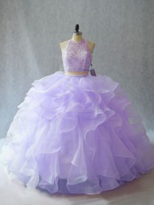 Simple Lavender Sleeveless Organza Brush Train Backless 15th Birthday Dress for Sweet 16 and Quinceanera
