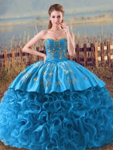 Modest Brush Train Ball Gowns 15 Quinceanera Dress Baby Blue Sweetheart Fabric With Rolling Flowers Sleeveless Floor Length Lace Up