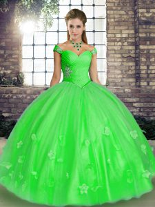 Artistic Sleeveless Floor Length Beading and Appliques Lace Up Quinceanera Gown with Green