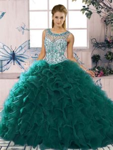 Fitting Scoop Sleeveless Lace Up Quince Ball Gowns Peacock Green Organza