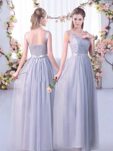 Tulle V-neck Sleeveless Side Zipper Lace and Belt Dama Dress for Quinceanera in Grey