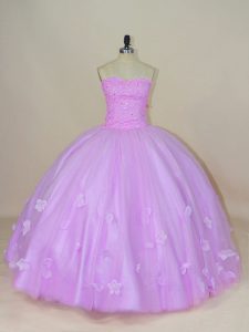 Lavender Ball Gowns Tulle Sweetheart Sleeveless Hand Made Flower Floor Length Lace Up Sweet 16 Quinceanera Dress