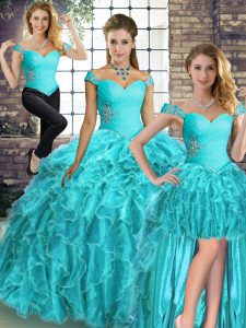 Aqua Blue Organza Lace Up Quinceanera Gown Sleeveless Brush Train Beading and Ruffles