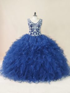 Superior Navy Blue Tulle Backless V-neck Sleeveless Floor Length Vestidos de Quinceanera Embroidery and Ruffles