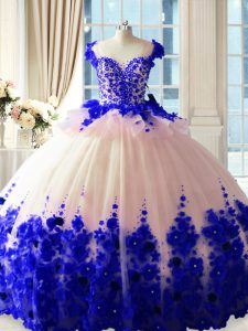 High Quality Blue And White Zipper Scoop Hand Made Flower Quinceanera Dress Satin and Organza Sleeveless Brush Train
