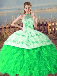 Dynamic Green Sleeveless Embroidery and Ruffles Lace Up Ball Gown Prom Dress
