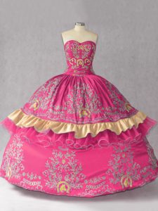 Exquisite Sleeveless Satin and Organza Lace Up Quinceanera Gown in Hot Pink with Embroidery