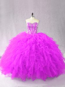 Fine Purple Lace Up Ball Gown Prom Dress Beading and Ruffles Sleeveless Floor Length