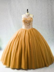 Sleeveless Tulle Brush Train Lace Up Quinceanera Gowns in Gold with Beading