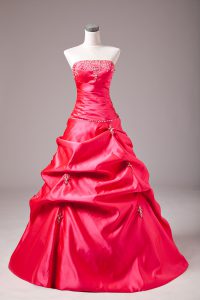 Decent Ball Gowns Vestidos de Quinceanera Hot Pink Strapless Taffeta Sleeveless Floor Length Lace Up