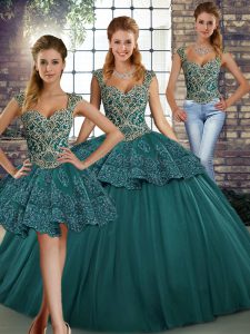 Inexpensive Green Sleeveless Tulle Lace Up Ball Gown Prom Dress for Military Ball and Sweet 16 and Quinceanera