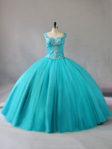 Tulle Straps Sleeveless Zipper Beading Ball Gown Prom Dress in Aqua Blue