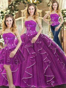 Smart Purple Column/Sheath Tulle Strapless Sleeveless Beading and Ruffles Floor Length Lace Up 15 Quinceanera Dress