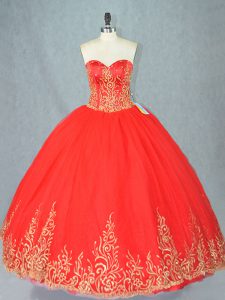 Red Lace Up Quinceanera Gown Beading Sleeveless Floor Length