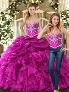 Modern Fuchsia Ball Gowns Beading and Ruffles and Pick Ups Sweet 16 Quinceanera Dress Lace Up Organza Sleeveless Floor Length