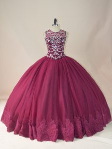 Burgundy Sweet 16 Quinceanera Dress Sweet 16 and Quinceanera with Beading and Appliques Scoop Long Sleeves Lace Up