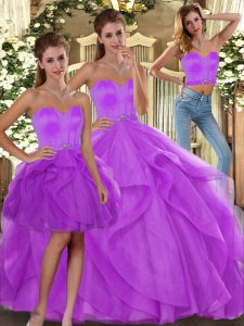 Fabulous Sleeveless Tulle Floor Length Lace Up Quinceanera Dress in Lilac with Beading and Ruffles